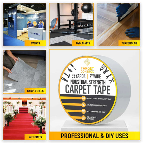Product packaging of Heavy Duty Double Sided Carpet Tape For Area Rugs On Tile And Hardwood Floors No Damage 105 Feet By 2 Inches Rug Tape For Tile Floors Multi Purpose Strong Adhesive For Carpets And Tiles Sticks Like Crazy showing various uses.