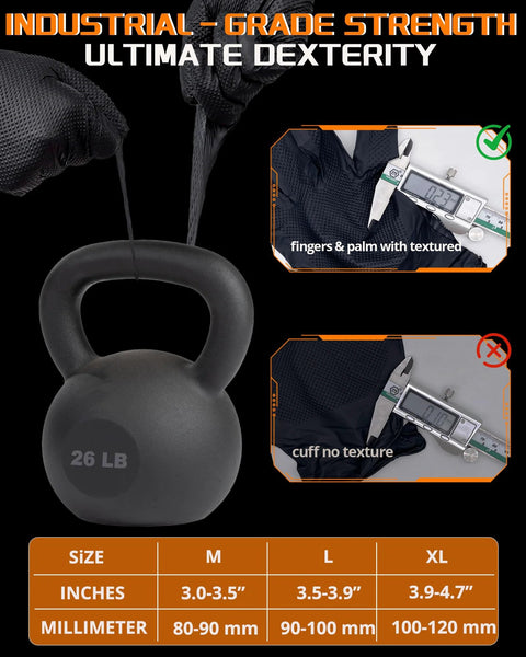 Heavy Duty Nitrile Gloves 9 Mil Diamond Texture Black Large Pack 800 Pcs demonstrating grip strength with kettlebell and texture detail