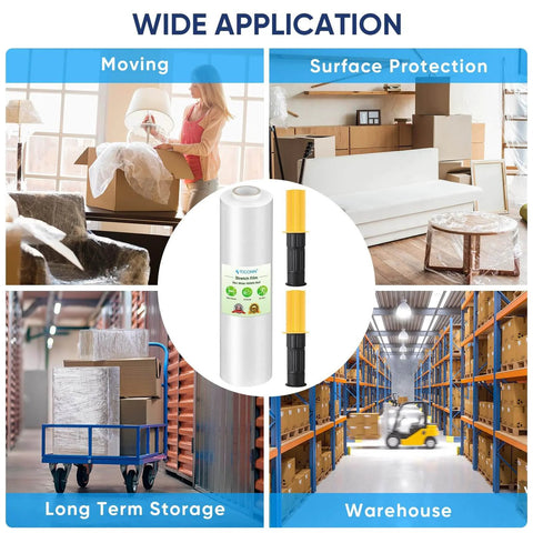 Collage showing uses of Industrial Strength Stretch Film Roll 1000ft 15 Inch Wide Clear Plastic Wrap with handles for moving and storage