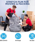 Two movers using Industrial Strength Stretch Film Roll 1000ft 15 Inch Wide Clear Plastic Wrap With Handles for chair wrapping