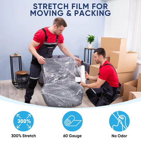 Two movers using Industrial Strength Stretch Film Roll 1000ft 15 Inch Wide Clear Plastic Wrap With Handles for chair wrapping