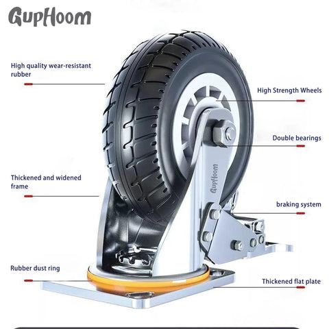 Heavy Duty Swivel Industrial Plate 3 Inch Rubber Casters No Noise Wheels Set Of 2 For Cart And Furniture With Pre Drilled Plate Mount And Precision Ball Bearing For Smooth Weight Distribution And 200 Lbs Per Wheel featuring highlighted components such as rubber, bearings, and braking system.