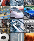 Collage showing various industrial applications and transportation, demonstrating the versatility of Thrust Needle Roller Bearing Set AXK2035.