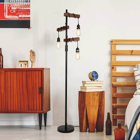 Industrial Floor Lamp With Three Heads Tree Style Design, 68 Inch Tall Wooden Standing Lamp next to modern furniture