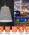 200W LED High Bay Light UFO Industrial Fixture Killer Brightness 28,000 LM, 110-277V, in warehouse, diagram view.