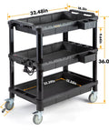Multi Use Rolling Cart With Power Strip For Heavy Duty Workhorse Style Setups In Shops, Industrial Grade Plastic Utility Cart With 3 Deep Shelves, 500 Lb Capacity, 32.4 X 18.3 Inches, Black