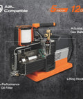 Cutaway view of industrial grade vacuum pump for HVAC evacuation with 12 CFM flow, 5 micron vacuum, durable aluminum construction.