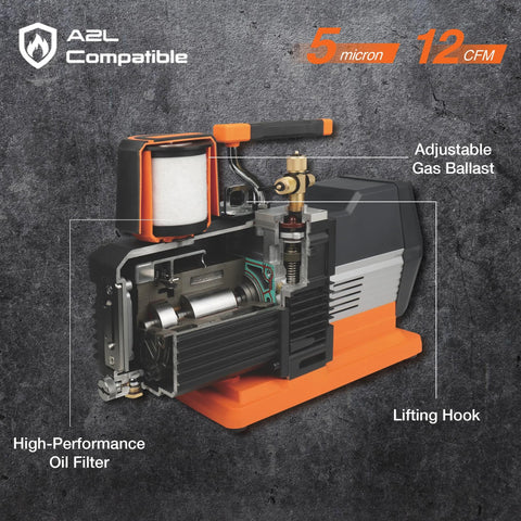 Cutaway view of industrial grade vacuum pump for HVAC evacuation with 12 CFM flow, 5 micron vacuum, durable aluminum construction.