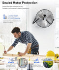 20 Inch Heavy Duty Floor And Wall Mount Fan For Industrial Cooling With 5750 CFM High Velocity Three Speed And 360 Degree Tilt Head Black UL Listed For Garage Workshop Office And Home mounted on wall
