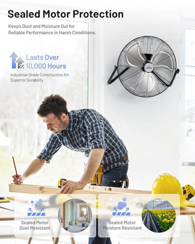 20 Inch Heavy Duty Floor And Wall Mount Fan For Industrial Cooling With 5750 CFM High Velocity Three Speed And 360 Degree Tilt Head Black UL Listed For Garage Workshop Office And Home mounted on wall