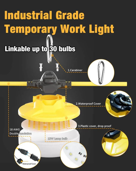 Ultra Bright 100ft LED Construction String Lights, 130W 16,000 Lumens, Linkable 5000K Work Site Lighting product features