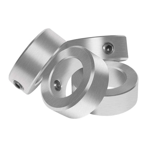 Industrial Zinc Plated Shaft Collars With Beefy Heavy Duty Set Screws For Seven Eighths Inch Bore One And One Half Inch Outer Diameter Nine Sixteenths Inch Wide Five Sixteenths By Eighteen Thread Set Screws Four Pack Carbon Steel AZSSMUK close-up view