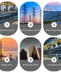 Collage showing machinery, electric power lines, solar panels, bridge construction, modern architecture, and automotive parts.