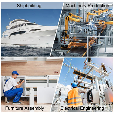 Collage of shipbuilding, machinery production, furniture assembly, and electrical engineering scenes