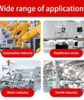 Wide range of applications including automation, healthcare, motor, and textile industries, showcasing machinery and equipment.