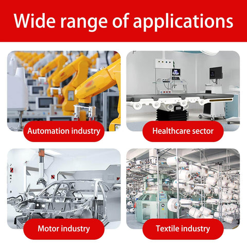 Wide range of applications including automation, healthcare, motor, and textile industries, showcasing machinery and equipment.