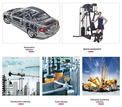 Collage of various industries: automotive, sports equipment, construction, food, and industrial machinery.