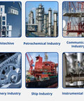 Collage of six industry images: architecture, petrochemical, communications, machinery, ship, and instrumental industries.
