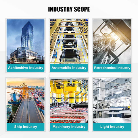 Collage showing industry scope: Architecture, Automotive, Petrochemical, Shipping, Machinery, and Light Industry sectors.