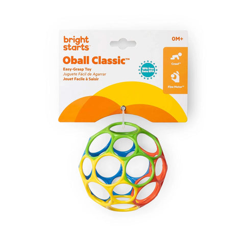 Bright Starts Oball Easy Grasp Classic Ball BPA-Free Infant Toy in Red, Yellow, Green, Blue, Age Newborn and up, packaging view