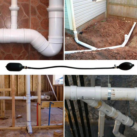 Inflatable Pipe Plug Balloon For Plumbing Tests And Pipe Sealing, showing installation in various PVC pipe settings.