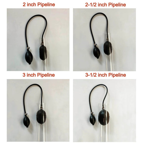 Inflatable Pipe Plug Balloon for Plumbing Tests and Pipe Sealing, Temporary Water Blocker and Leak Test Plug for PVC Pipes Two to Three and a Half Inches or Inner Diameter One Point Seven to Four Point One Inches, shown in 2, 2-1/2, 3, and 3-1/2 inch pipelines