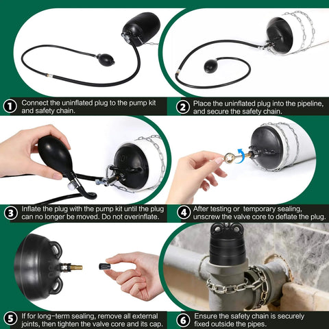 Instruction steps for using a 2 Inch Inflatable Pipe Plug Balloon Kit With Extension Hose And Pump For Plumbing Pressure Testing And Leak Detection Fits 1.8 To 2.2 Inch Pipes Includes Safety Chain Valve Core Key And Two Spare Cores.