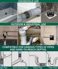 Image of a 2 Inch Inflatable Pipe Plug Balloon Kit With Extension Hose And Pump For Plumbing Pressure Testing And Leak Detection Fits 1.8 To 2.2 Inch Pipes Includes Safety Chain Valve Core Key And Two Spare Cores, showing its use in various plumbing setups including household and industrial applications.