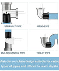Diagram showing 2 Inch Inflatable Pipe Plug For Sewer Tests And Water Pressure Testing Balloon Rubber Plug in various pipes with hose and chain.