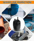 Inflatable Pipe Test Plug Kit With 39.37 Inch Quick Install Extension Hose, visible with steel ring and chain amid various pipe inspections.
