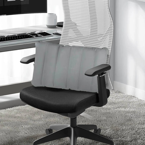 Inflatable seat cushion on office chair, compact, gray PVC material, for travel and comfort
