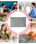Inflatable seat cushion for travel, camping, and comfort with images of various uses, including airplanes and beach chairs.