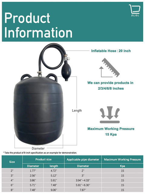 Inflatable Pipe Plug Balloon For Sealing And Testing Sewer Pipes With Integrated Air Pump Plumbing Pressure Bladder, size chart visible.