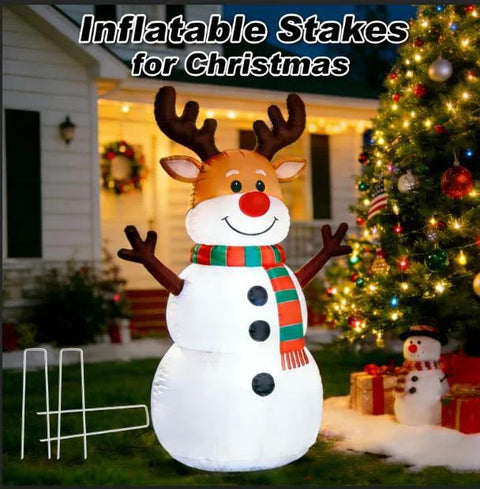 Inflatable reindeer snowman with Heavy Duty Galvanized Landscape Staples 6 Inch 25 Pack 11 Gauge Anti Rust Garden Stakes securing decor