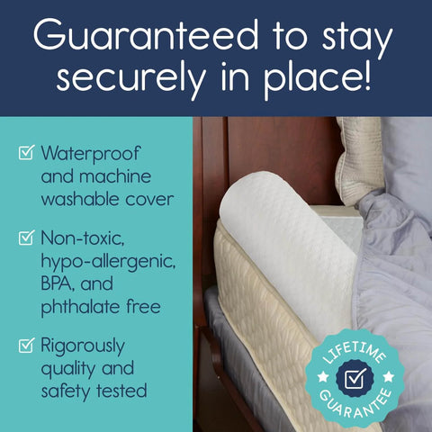 Close-up of 2 Pack Inflatable Bed Rail For Toddlers on bed, non-slip cover, lifetime guarantee, and safety features listed.
