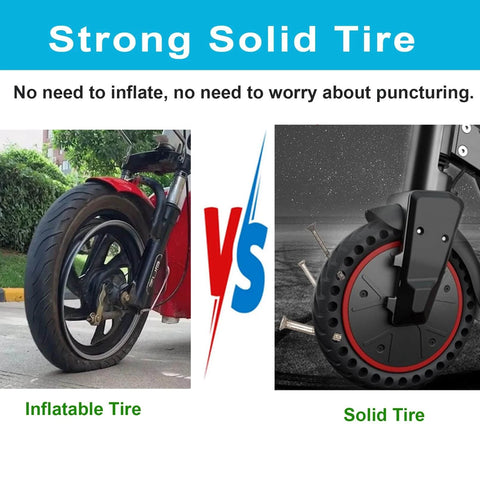 Comparison of inflatable tire versus solid tire for electric scooters, showcasing puncture resistance and maintenance-free benefits.