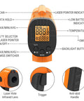 Infrared Thermometer Gun display and features diagram, showing buttons and controls for laser thermometer for cooking, HVAC use.