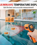 Infrared Thermometer Gun measuring pool temperature, showing max, min, avg display, laser thermometer for cooking, HVAC, engine use
