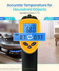 Infrared Thermometer Laser Temperature Gun 774 displaying 68.0°C in kitchen with adjustable emissivity for iron and wood surfaces.