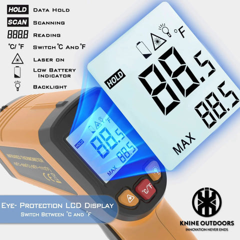 Infrared Thermometer Laser Temperature Gun, -58℉ to 1112℉, Single Laser Targeting, displays blue LCD screen with temperature readout