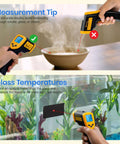 Infrared Thermometer Laser Temperature Gun 774 demonstrating temperature measurement on soup and aquarium glass
