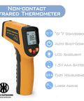 Infrared Thermometer Laser Temperature Gun, -58℉ to 1112℉, Single Laser Targeting, orange, side view, display and features