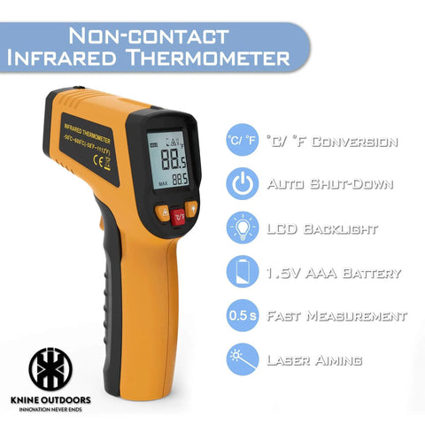 Infrared Thermometer Laser Temperature Gun, -58℉ to 1112℉, Single Laser Targeting, orange, side view, display and features