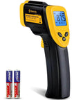 Infrared Thermometer Laser Temperature Gun 774, yellow and black, with digital display, includes batteries, side view.