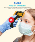 Infrared Thermometer Laser Temperature Gun 774 shown incorrectly used on a person with a mask, not for human use, yellow.