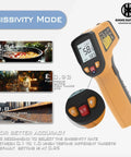 Infrared Thermometer Laser Temperature Gun, -58℉ to 1112℉, Single Laser Targeting, orange device with emissivity settings.