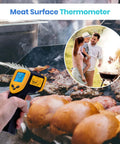 Infrared Thermometer Laser Temperature Gun 774 measuring meat temperature on grill, yellow handheld non contact tool.