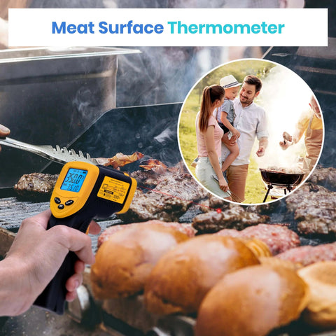 Infrared Thermometer Laser Temperature Gun 774 measuring meat temperature on grill, yellow handheld non contact tool.