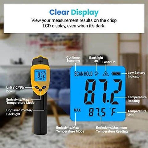 Infrared Thermometer Laser Temperature Gun 774 showing clear LCD display with measurement functions and indicators, yellow.