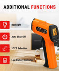 Infrared Thermometer Gun, Laser Thermometer for Cooking, orange handheld design with display, features listed to side